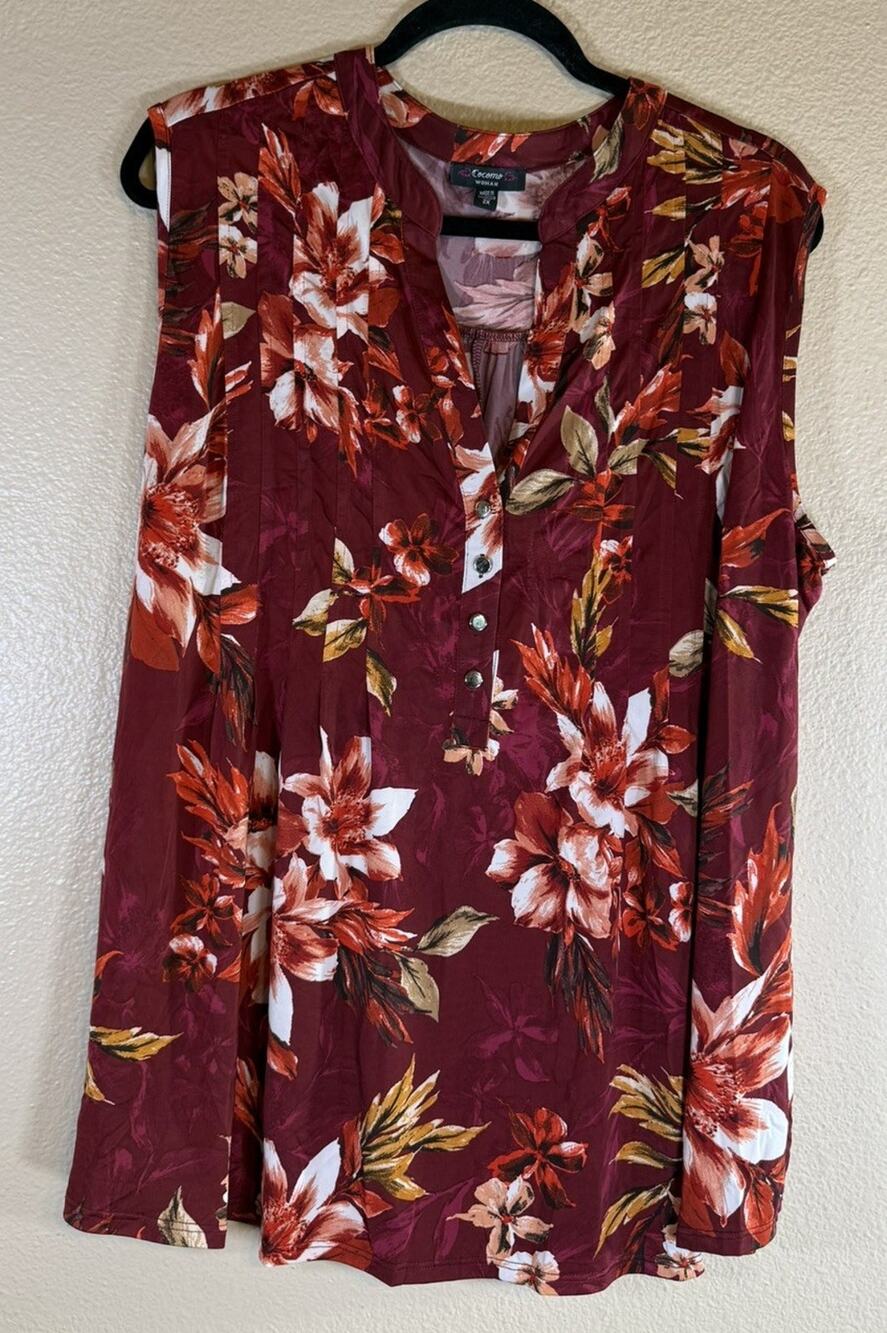 Cocomo Plus 2X Sleeveless Blouse Floral Sleeveless V-Neck Pintuck